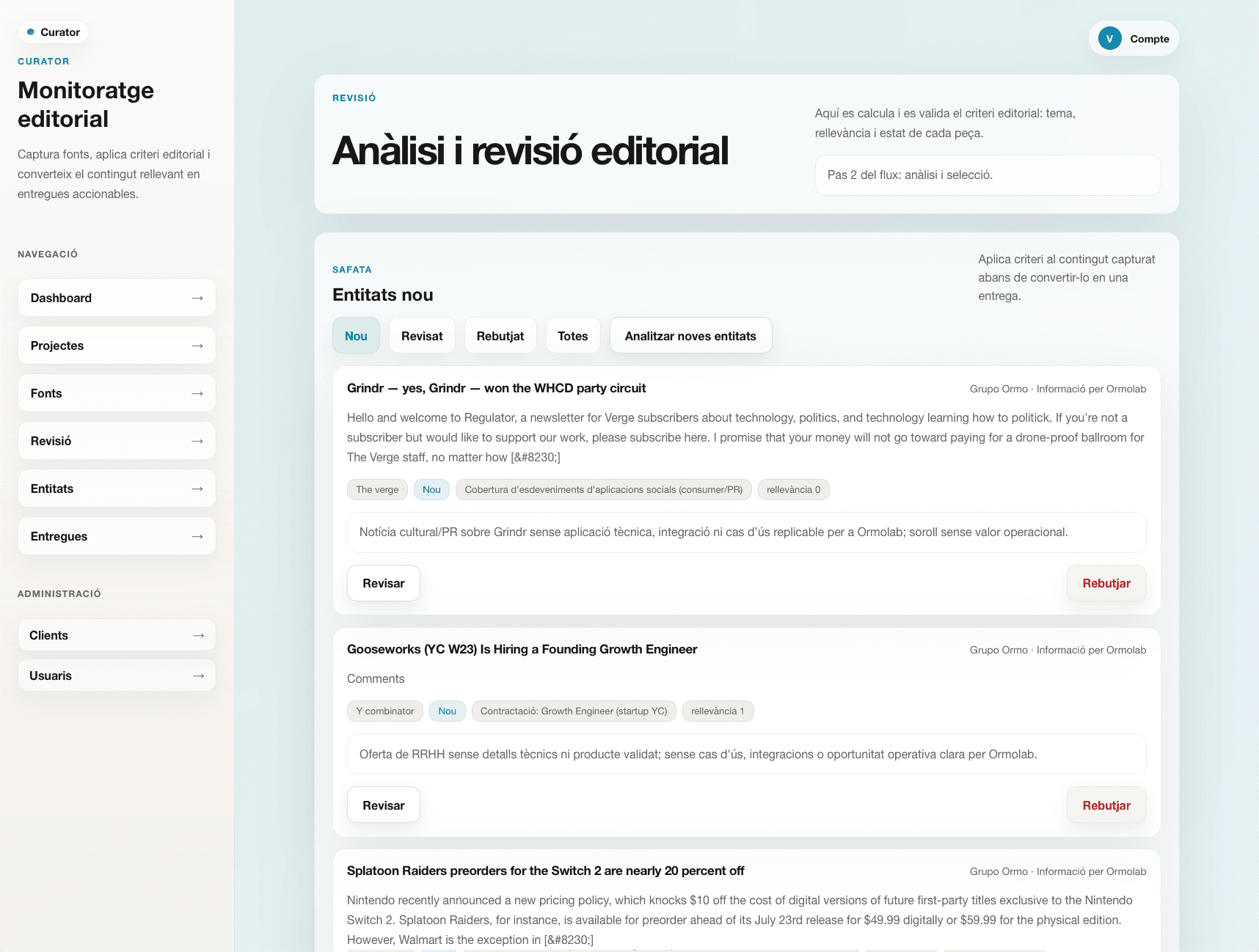 Entregues i preselecció a Curator